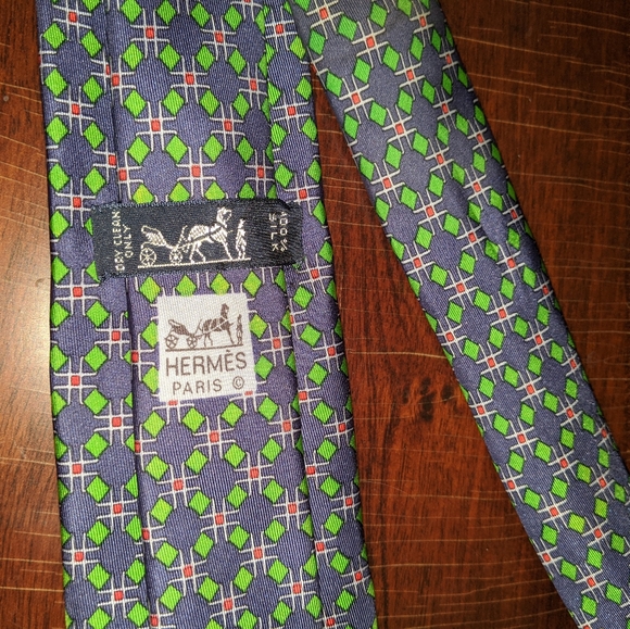VTG HERMES Silk Tie Blue & Green Geometric Print - Picture 6 of 6